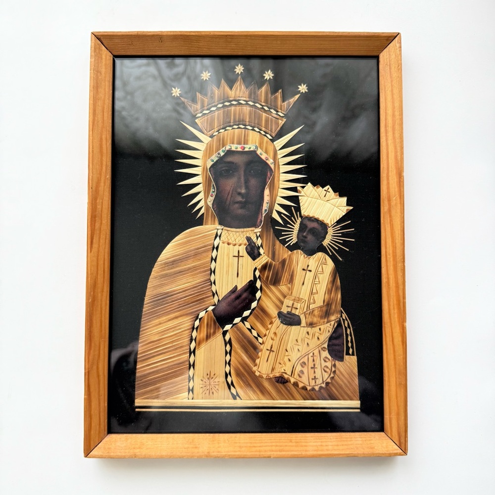 Vintage PolIsh Black Madonna Mixed Media Art Wooden Frame Art Handmade